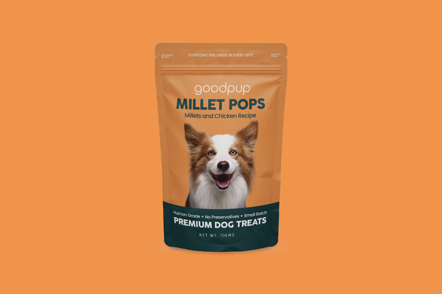 A bag of Millet Pops premium dog treats in a Millets and Chicken recipe. The packaging highlights the product's quality and its benefits as a natural, grain-free snack from India. These healthy biscuits are made with human-grade ingredients, contain no preservatives, and are a gluten-free, non-allergen treat for dogs.