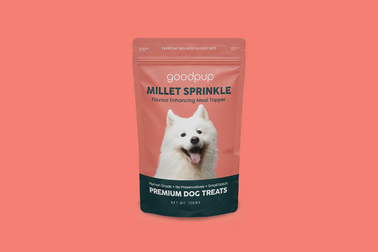 A bag of Goodpup Millet Sprinkle premium dog treats, a revolutionary meal topper. This product from India is a natural, grain-free, and gluten-free snack made with human-grade ingredients. It is a healthy, non-allergen treat with no preservatives, designed to enhance your dog's meal.