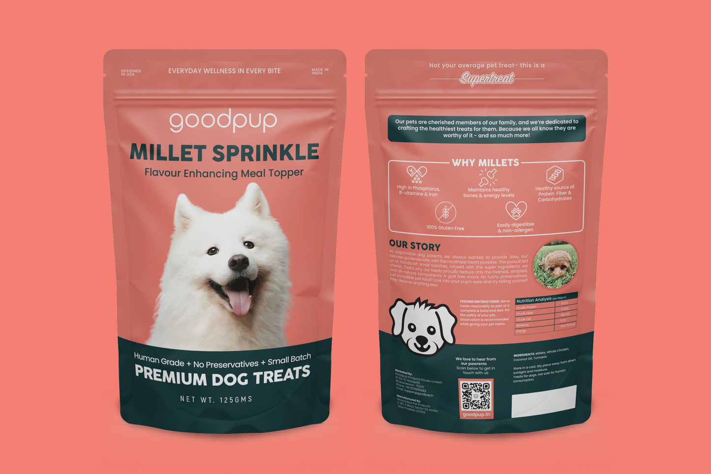 GoodPup Millet Sprinkle dog treat pouch, designed as a food-topping sprinkle made with super ingredients to enhance daily dog food with flavor and nutrition. Crafted with natural, protein-rich millets in small batches with no preservatives, it supports digestive health and offers wholesome nutrition. Perfect for picky eaters to make mealtime delicious and healthy for dogs and puppies in India.