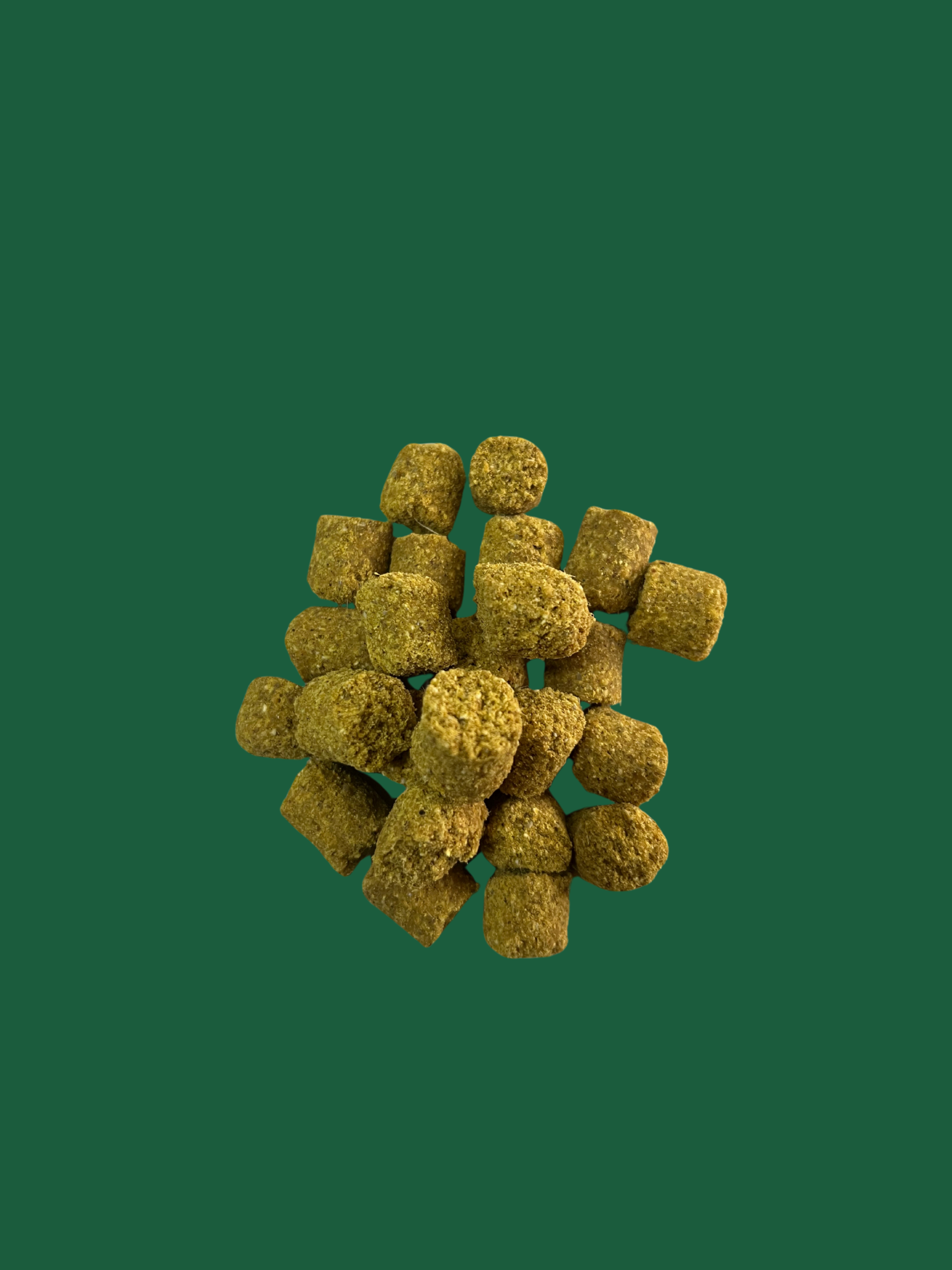 Pile of green pet food on a green background. A close-up of Millet Pops dog food, showing the natural, grain-free kibble made with human-grade ingredients like millets, whole chicken, coconut oil, and turmeric. The healthy, gluten-free bites have no preservatives and are a non-allergenic meal for dogs.