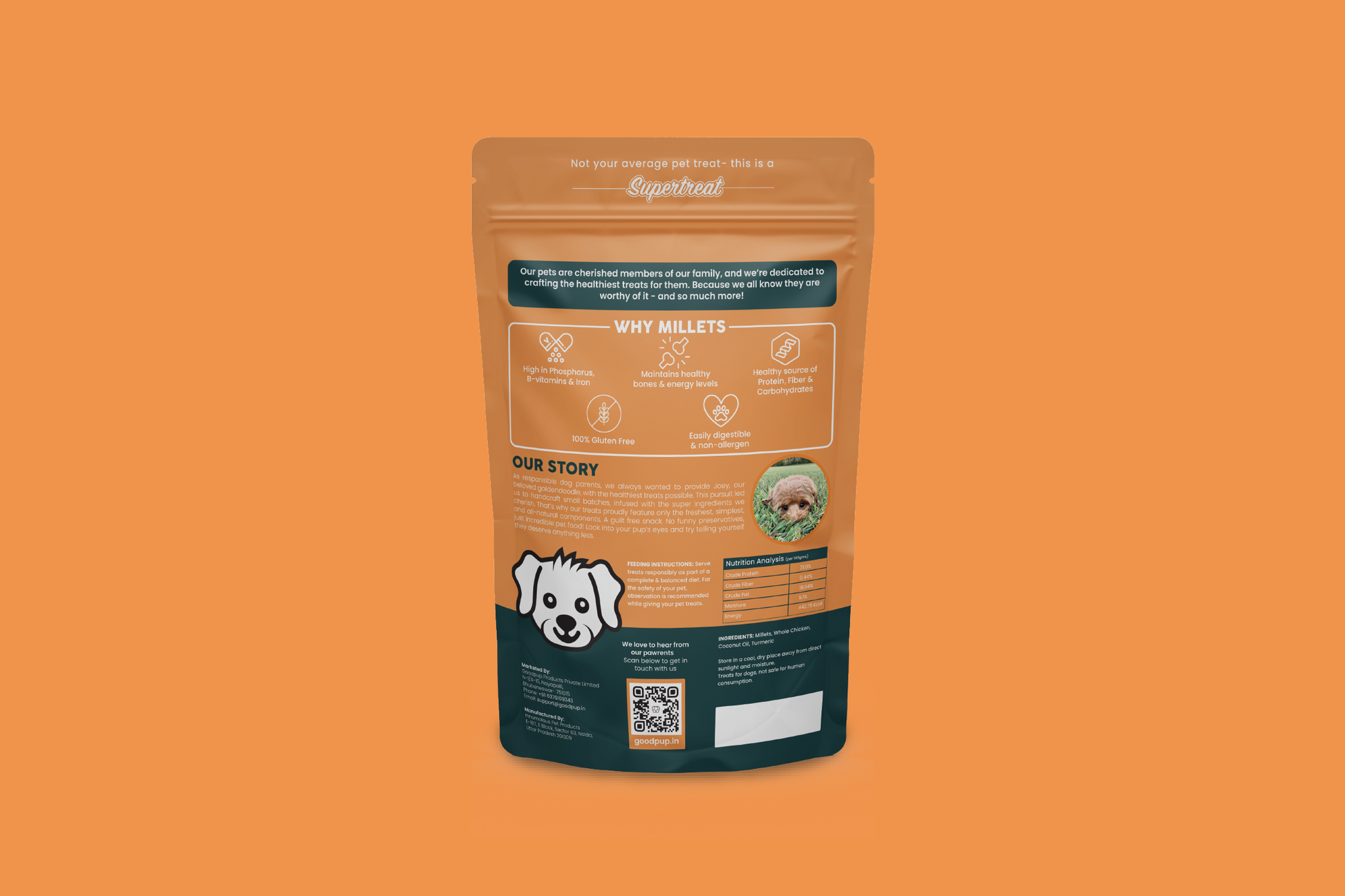 Back view of GoodPup Millet Pops dog treats – millets and chicken recipe, human-grade, no-preservative, natural healthy dog treats. Features a happy brown-and-white dog on front packaging. Healthy millet food for dogs, gluten-free, non-allergen, and grain-free dog biscuits. Perfect puppy treats, doggy treats, and natural dog food available online in India.