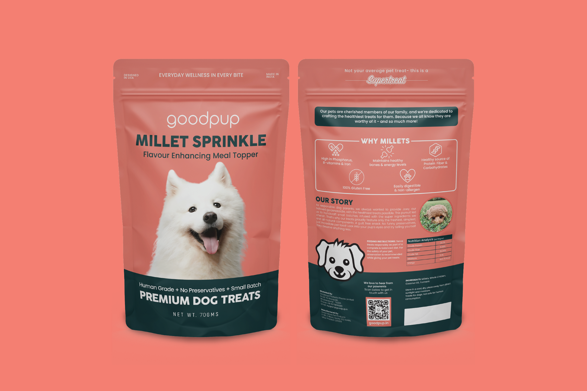 Front and back view of GoodPup Millet Sprinkle premium dog treats – flavor-enhancing meal topper. Human-grade, no-preservative, natural healthy dog treats featuring a happy white fluffy dog on the front. Millet-based, gluten-free, non-allergen, small-batch dog snacks. Ideal for dogs as meal toppers and healthy treats, available online in India.